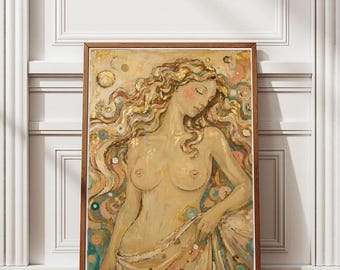 Póster abstracto de una diosa, arte mural en dorado y crema, estilo clásico para sala de estar, decoración en tonos neutros (descarga digital)