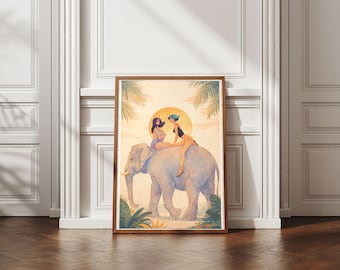 Tropical Safari Art, Vintage Oil Elephant Poster,  Exotic Jungle Wall Print,  Digital Download, Summer Vacation Gift