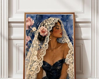 Póster de mujer española con velo de encaje / Retrato romántico vintage / Arte para pared / Decoración de dormitorio en tonos azules / Estilo vintage (Descarga digital)