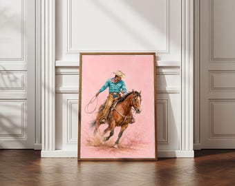 Western Cowboy Print, Watercolor Painting Pink, Boho Chic Living Room Wall Art, Digital Download, Gift for Country Fan, Country Style Decor