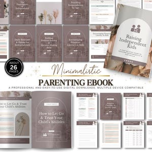 May include: A set of digital parenting ebooks in a minimalist style. The covers are various shades of brown and feature titles such as "Raising Independent Kids" and "Daily Routines & Habits for Independence." The ebook is about 26 pages and is a professional digital download.