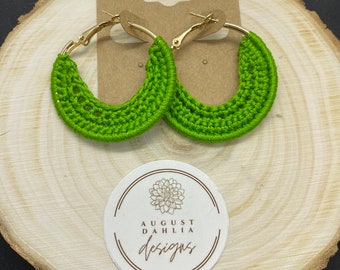 Crochet hoop earrings in color grassy green on 40mm gold hoop