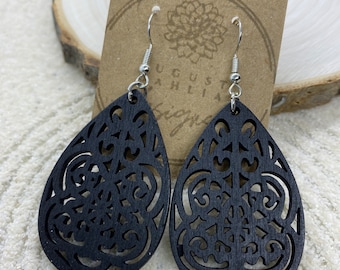 Orecchini leggeri in legno a goccia, stile boho, cavi, blu navy