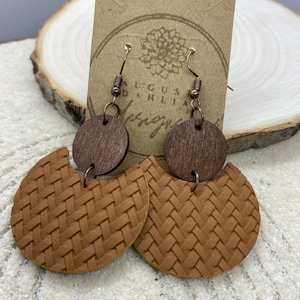 Wood and leather brown boho drop earrings