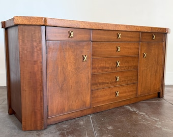 Paul Frankl for Johnson Furniture Tobacco Finish Credenza with Cork Top
