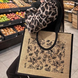 Floral Print Large Jute Shopper Bag | Reusable Eco Tote | Dual Handle Shoulder Bag | Gift for Mum | Wipe Clean Shopping Bag | Free Delivery