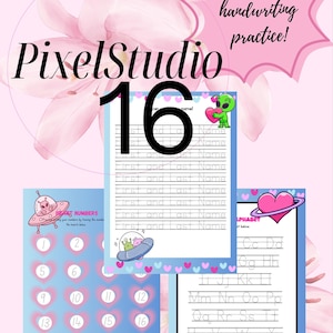 May include: A collection of handwriting practice sheets with a pink floral background. The sheets include tracing numbers, the alphabet, and name practice. The text "PixelStudio" and "handwriting practice!" are also visible.