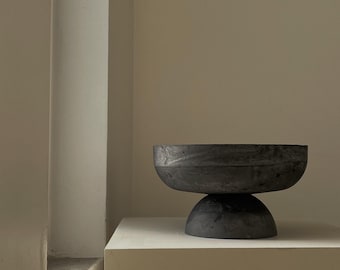 Japandi Pedestal Bowl, Wabi Sabi Stone Dust Fruit Bowl, Handcrafted Centerpiece, Minimalist Brutalist Decor