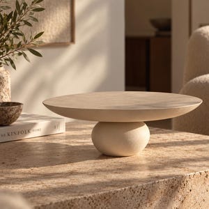 Puede incluir: Un cuenco de cerámica beige con una parte superior circular ancha y plana sostenida por una base redondeada y bulbosa. El objeto tiene un acabado mate suave y un color tostado claro neutro, presentando una forma escultural limpia y baja.