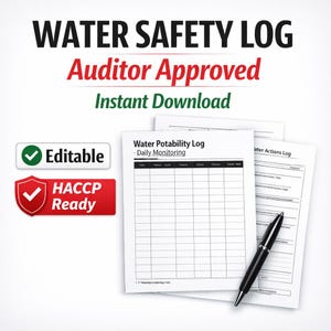 Registro de potabilidad del agua según HACCP / Seguimiento diario de la seguridad alimentaria, acciones correctivas (PDF editable)