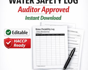 HACCP Water Potability Log | Daily Food Safety Tracker, Corrective Actions (Editable PDF)