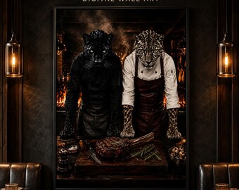 Steakhouse Feline Chefs Digital Wall Art: Black Panther and Jaguar Kitchen Print