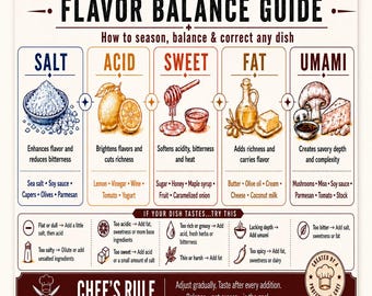 Flavor Balance Guide, Chef Cooking Chart, Salt Acid Sweet Fat Umami Kitchen Printable