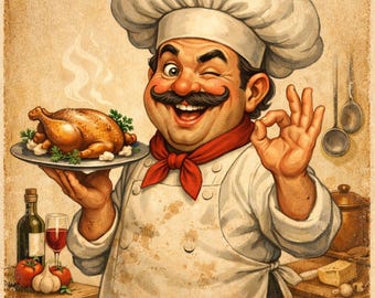 Impresión de caricatura de chef divertida, arte de cocina retro (descarga digital)