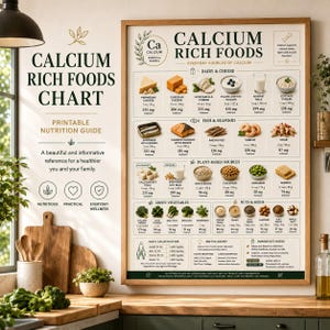 May include: A framed wall chart titled Calcium Rich Foods, featuring a detailed nutritional guide with illustrations of dairy, fish, plant-based sources, vegetables, and nuts. It includes specific calcium content in milligrams and serving sizes in ounces.