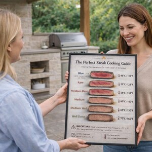 May include: A framed "Perfect Steak Cooking Guide" is held by two people outdoors. The guide shows internal temperatures for different levels of doneness, from Blue to Well Done, with corresponding Fahrenheit and Celsius temperatures. The guide is in a black frame.