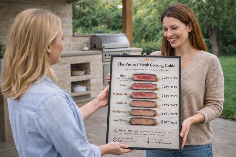 May include: A framed "Perfect Steak Cooking Guide" is held by two people outdoors. The guide shows internal temperatures for different levels of doneness, from Blue to Well Done, with corresponding Fahrenheit and Celsius temperatures. The guide is in a black frame.