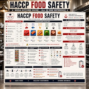 Pode incluir: Um guia de referência HACCP Food Safety Mega Kitchen em fundo branco detalhando temperaturas de cozimento, um código de cores para tábuas de corte, temperaturas de armazenamento, zona de perigo, riscos e os princípios HACCP.