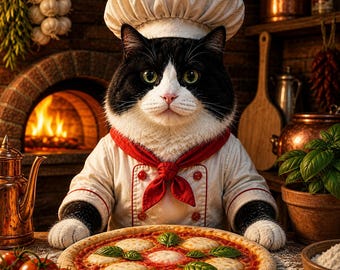 Cat Chef Pizza Art, Funny Kitchen Decor, Rustic Pizzeria Print (Digital Download)