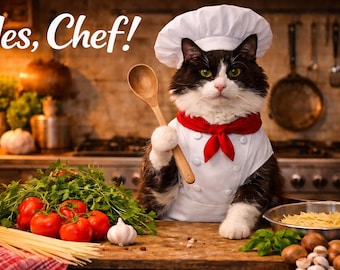 Impresión horizontal de gato chef - Decoración divertida para la cocina - Póster de gato chef - Regalo para chef - Arte imprimible moderno para la cocina