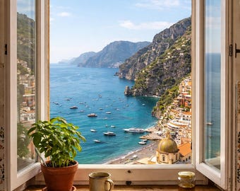 Amalfiküste Küche Fensterbild - Blick auf die Mittelmeerküste - Wandbild (Digitaler Download)
