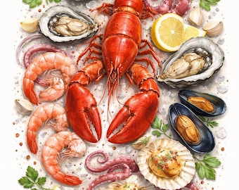 "Meeresfrüchte Hummer Garnelen Auster Druck, Mediterrane Küste Küche Kunst (Digitaler Download)"