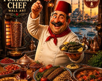 Funny Turkish Chef Wall Art, Turkish Cuisine Poster, Restaurant Kitchen Decor (Digital Print)