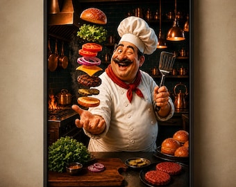 Funny Burger Chef Wall Art, Printable Kitchen and Restaurant Decor