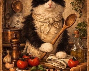 Vintage kattkocktryck: Rustik fransk kökskonst (digital nedladdning)
