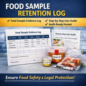 以下が含まれることがあります： 「Food Sample Retention Log」というタイトルの食品サンプル保管ログの画像で、「Food Sample Evidence Log」、「Step-by-Step User Guide」、および「Audit-Ready Format」というテキストが含まれています。画像には、容器に入った食品サンプルとペンが含まれています。「Ensure Food Safety & Legal Protection!」というテキストも表示されています。