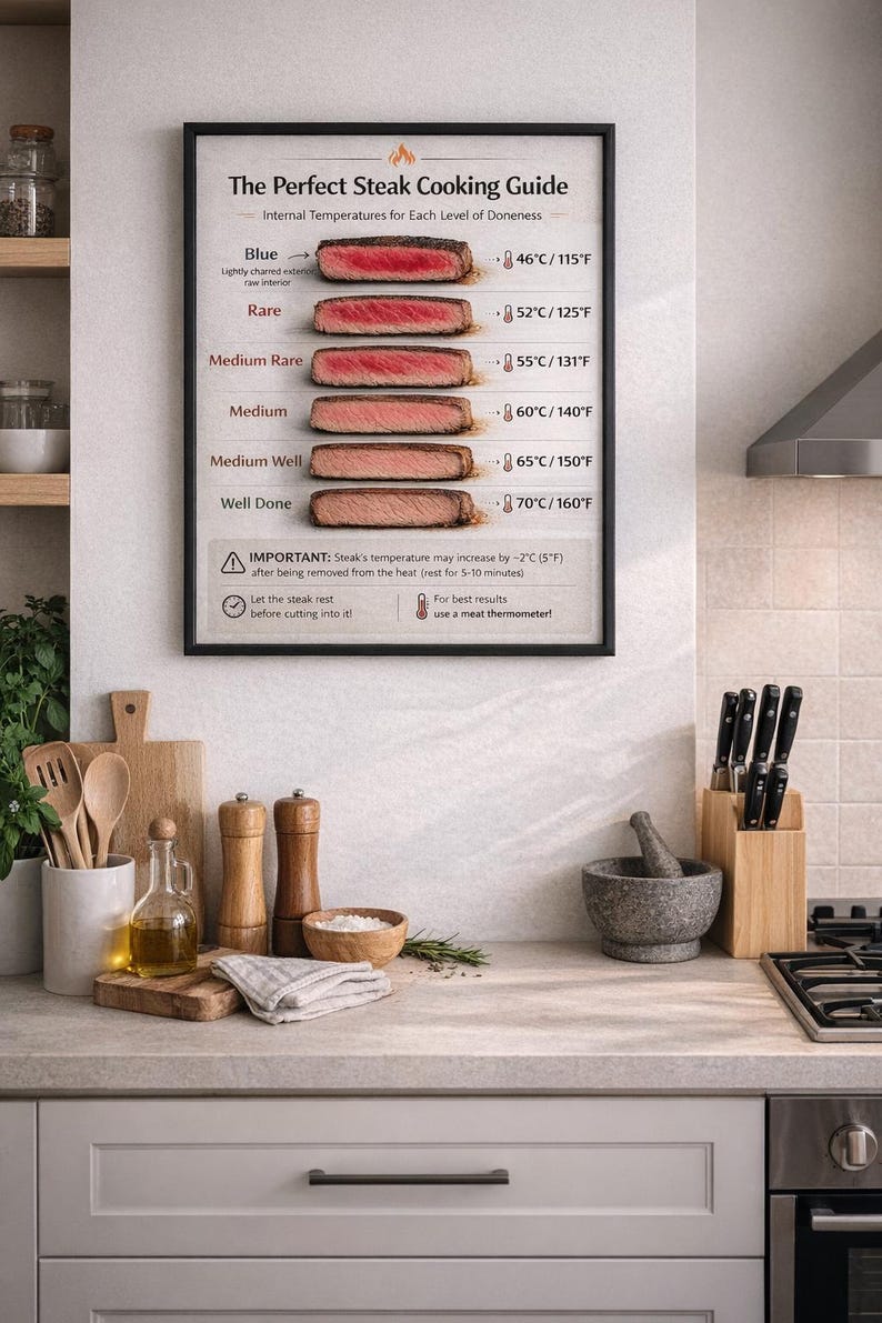 May include: A framed "Perfect Steak Cooking Guide" poster displays internal temperatures for different levels of doneness. The guide shows steak slices with temperatures ranging from 115&deg;F to 160&deg;F. Kitchen tools and ingredients are on the countertop.