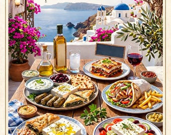 Griechisches Essen Poster Wandkunst - Griechenland Küche Dekor Santorini mediterrane Küche Druck griechisches Restaurant Geschenk druckbare Kunst