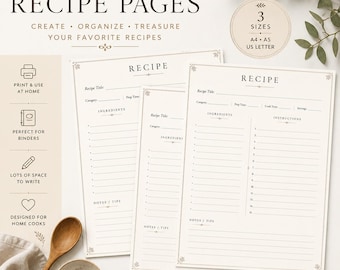 Plantillas de recetas vintage / Organizador de libros de cocina minimalista (Descarga digital)