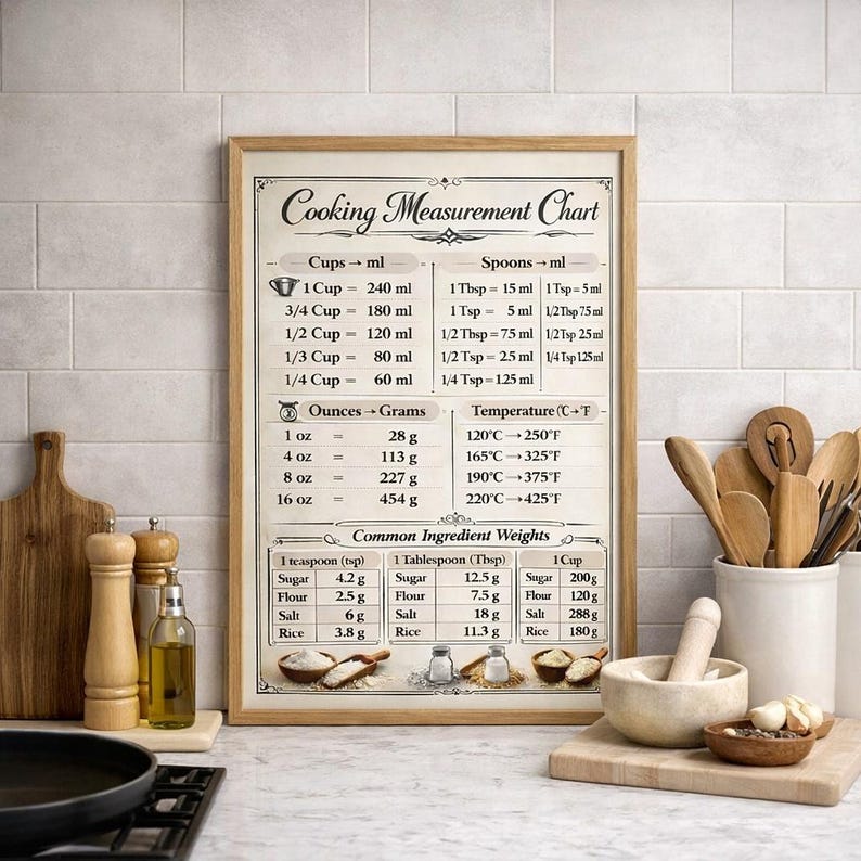 Cooking Measurement Chart Poster, Kitchen Conversion Baking Guide ...