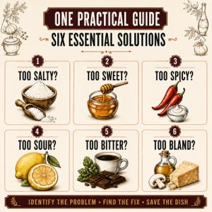Six illustrated cooking problem categories showing Too Salty, Too Sweet, Too Spicy, Too Sour, Too Bitter and Too Bland.
