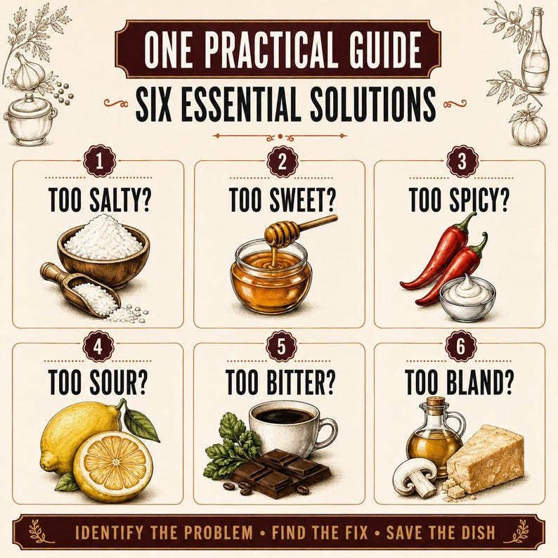 Six illustrated cooking problem categories showing Too Salty, Too Sweet, Too Spicy, Too Sour, Too Bitter and Too Bland.