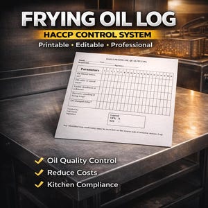 Könnte beinhalten: Ein weißes "Frying Oil Log"-Formular mit dem Text "HACCP Control System" wird auf einer Edelstahloberfläche angezeigt. Das Formular enthält Abschnitte für Parameter, eine Legende und eine Unterschriftenzeile. Das Bild hebt auch "Oil Quality Control", "Reduce Costs" und "Kitchen Compliance" hervor.