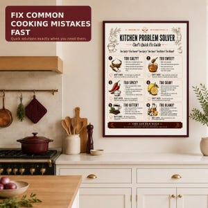 Kitchen Problem Solver cooking chart displayed in an elegant modern kitchen with the message Fix Common Cooking Mistakes Fast.