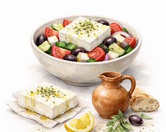 Greek Salad Watercolor Print: Mediterranean Kitchen Wall Art (Digital Download)