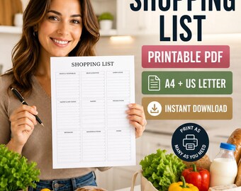 Categorized Grocery Shopping List, Printable PDF, Meal Planning Organizer (Instant Download)