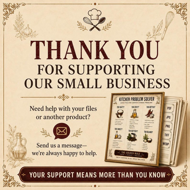 May include: A beige informational card with dark brown text reading THANK YOU FOR SUPPORTING OUR SMALL BUSINESS. It features a Kitchen Problem Solver chart, an email icon, and a list of file formats including PDF, JPG, PNG, TIFF, and WEBP.