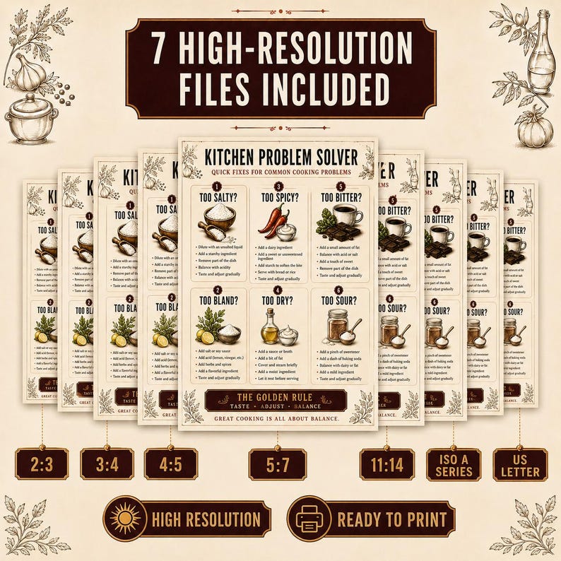 Seven high-resolution versions of the same Kitchen Problem Solver chart in 2:3, 3:4, 4:5, 5:7, 11:14, ISO A Series and US Letter formats.