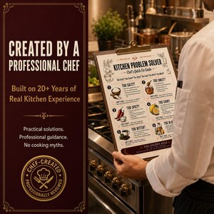 Professional chef reviewing the Kitchen Problem Solver chart in a restaurant kitchen, highlighting more than 20 years of real culinary experience.