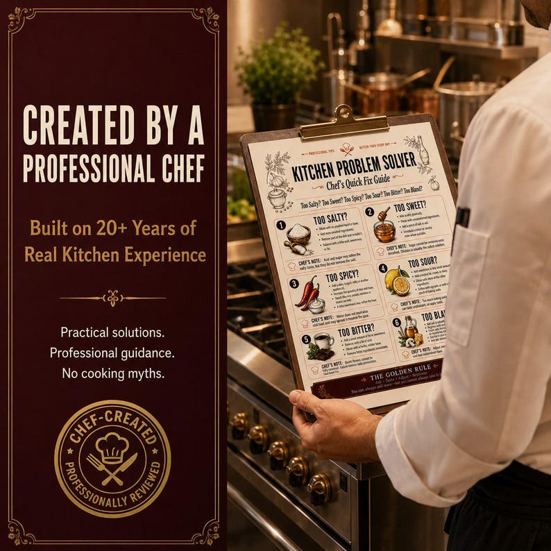 Professional chef reviewing the Kitchen Problem Solver chart in a restaurant kitchen, highlighting more than 20 years of real culinary experience.