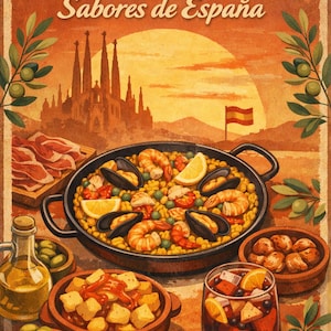 May include: A vintage-style poster advertising Spain, featuring a paella dish with shrimp and mussels, alongside tapas, olives, and sangria. The background includes the Sagrada Familia, a sunset, and the Spanish flag. The text reads "SPAIN Sabores de España."