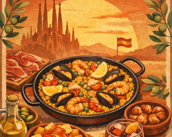 Spain Travel Poster, Sabores de España Vintage Kitchen Art (Digital Download)