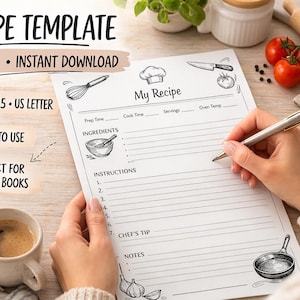 May include: A printable recipe template with the words "Recipe Template" at the top. The template includes sections for ingredients, instructions, and notes. The template is designed for A4, A5, and US Letter sizes. The words "Printable" and "Instant Download" are also included.