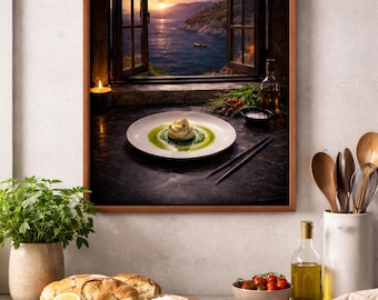Lámina de burrata italiana para cocina: Decoración mediterránea con atardecer costero (descarga digital)