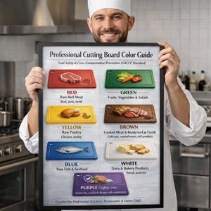 Puede incluir: Una guía de colores para tablas de cortar profesionales, presentada por un chef. Muestra tablas codificadas por colores: rojo para carne cruda, verde para verduras, amarillo para aves, marrón para carnes cocidas, azul para mariscos, blanco para lácteos y morado para alimentos sin alérgenos.