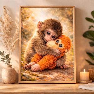 Puede incluir: Impresión enmarcada que muestra un bebé mono abrazando a un mono de peluche naranja. El bebé mono tiene pelaje marrón y mira al espectador. El peluche tiene una cara sonriente y ojos negros. El fondo está borroso con tonos cálidos.